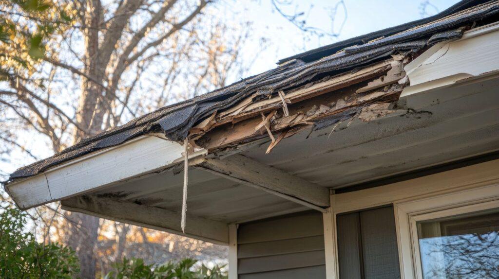 Roof with water damage from flashing failure