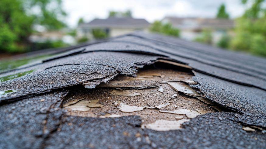 A roof with cracked shingles